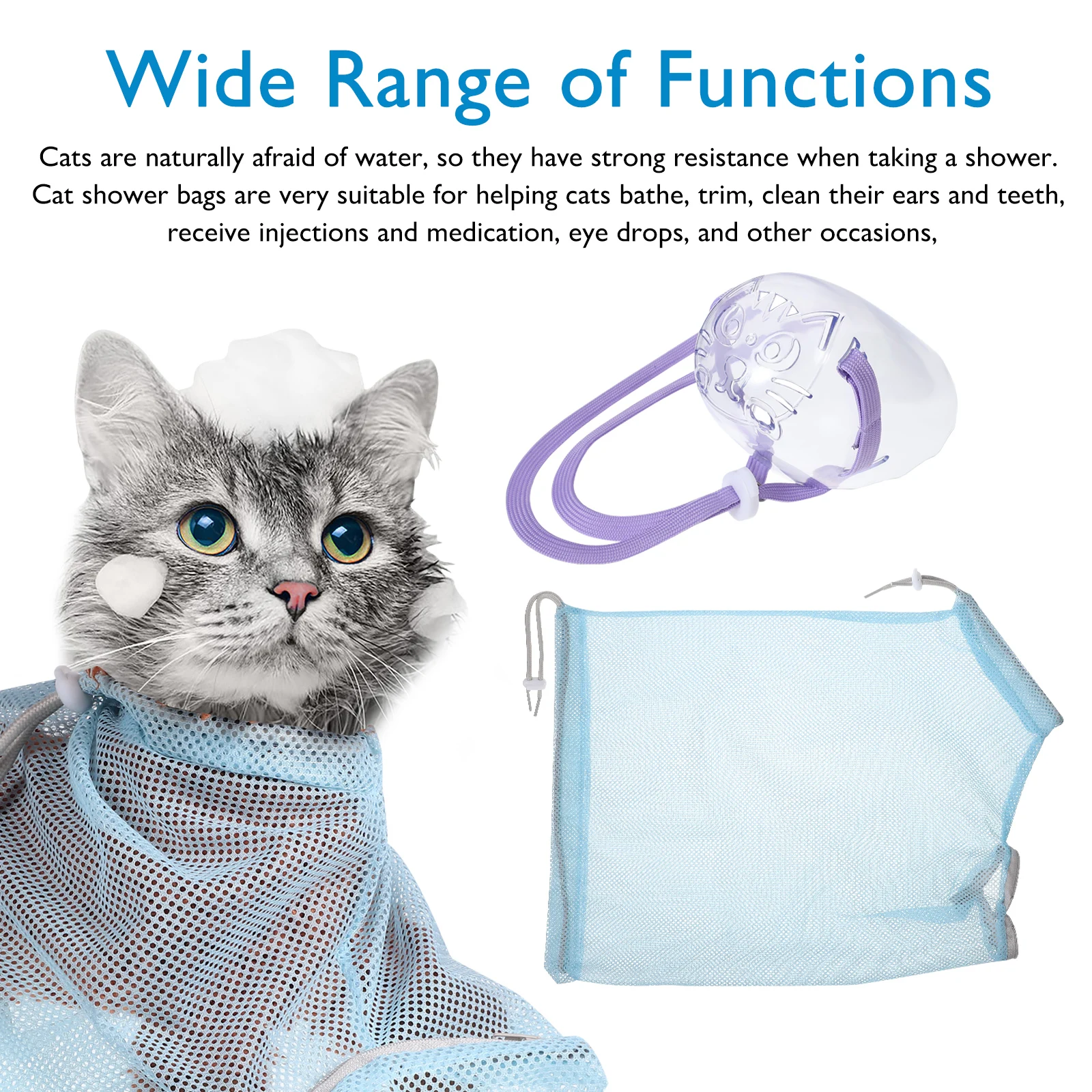 

Bathing Grooming Soft Mesh Wash Bag Durable Anti-Bite Claw Protection Zipper Pet Muzzle Included for Cat