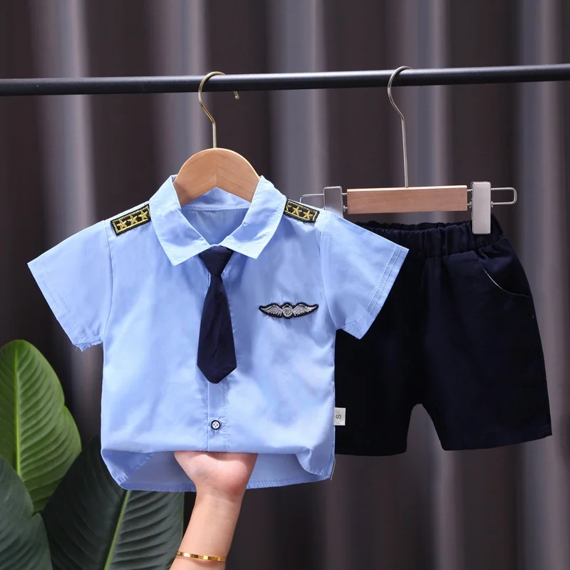 Disfraz de piloto para bebé, uniforme de piloto para niño, Conjunto de camiseta Polo con pantalones cortos con corbata, traje temático de cumpleaños