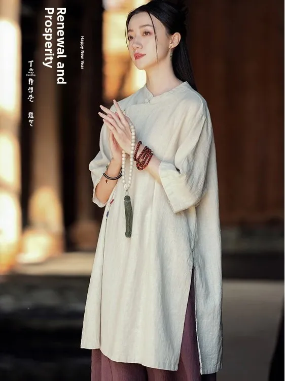 ชุดผู้หญิงผ้าฝ้ายลินินบางเบาสำหรับฤดูร้อน ชุดเสื้อผ้าพุทธศาสนา สไตล์เซน สีพื้นเรียบ คอตั้ง แขนยาวห้าส่วน