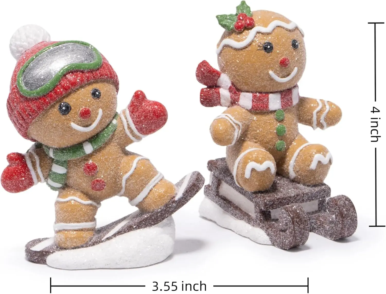Gingerbread Ski & Sled Figurines – Hand-Painted Resin Christmas Ornaments, Glitter Candy Style, Tabletop, Cute 2-Piece Set