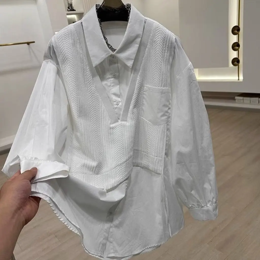 

Женская трикотажная лоскутная рубашка больших размеров с длинными рукавами, специальный большой топ из двух предметов на 300 фунтов, высококачественный ощущение