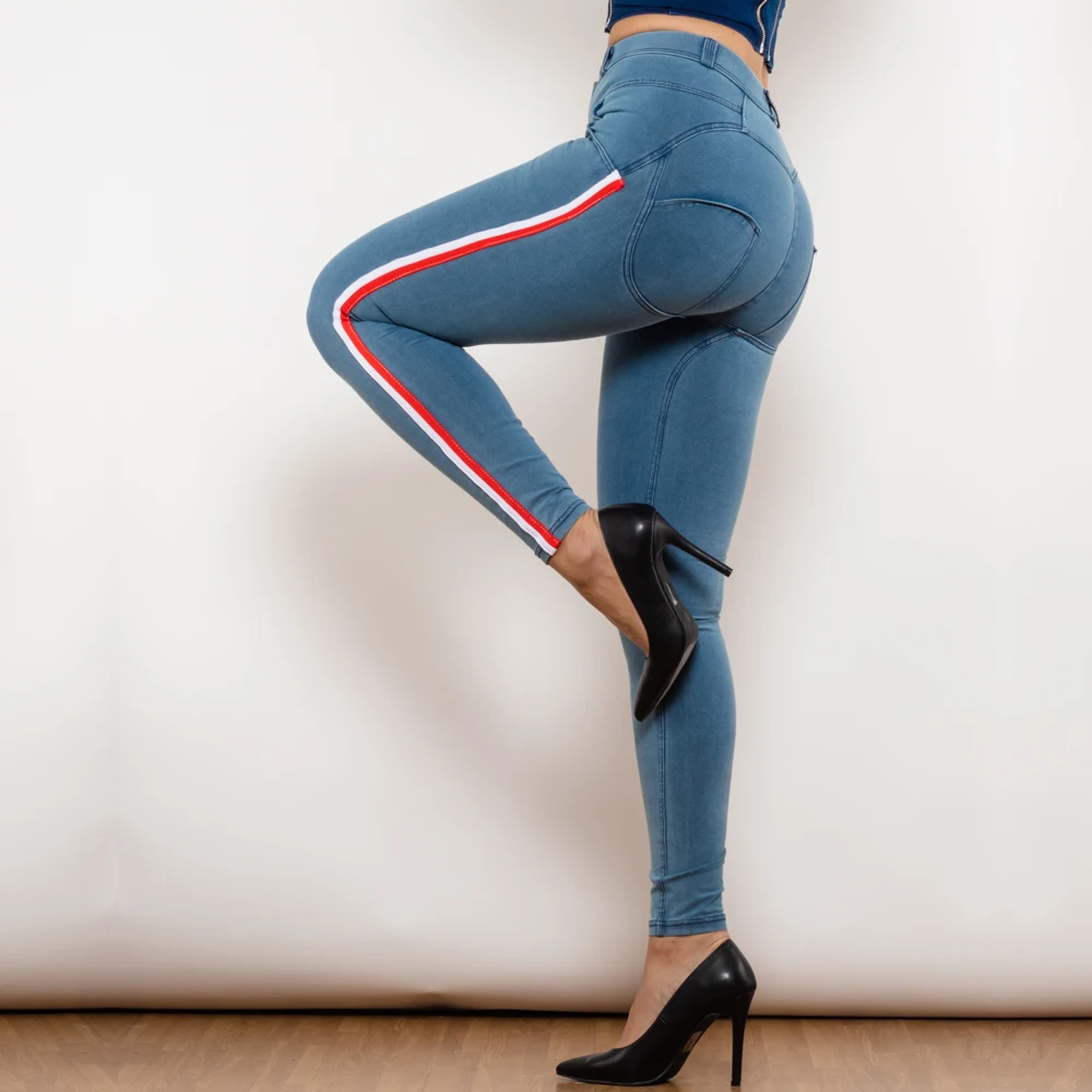 

Shascullfites Melody Slim Fit Stretch Jeans Light Blue Women's Bum Lifting Leggings with Stripe Detail Fashionable Jeggings