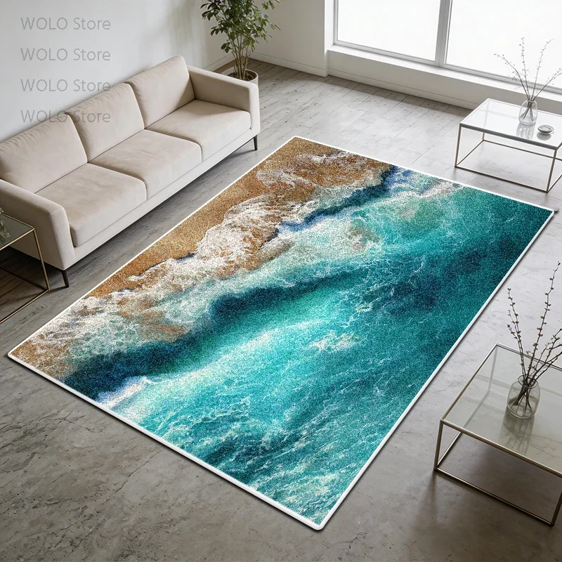 Coastal Beach Ocean Wave Area Rug Blue Pattern Abstract Carpet Nautical Throw Mat for Modern Living Room Decor