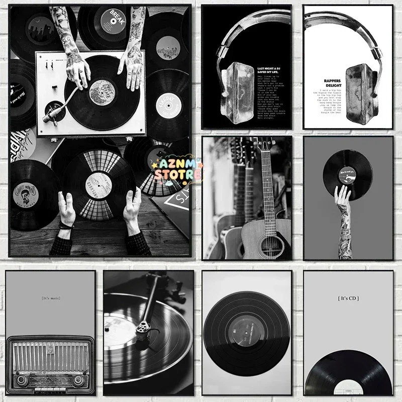 Vintage Music Vinyl Record Poster Wall Art Black and White Picture Headphone Lyrics Canvas Painting Prints Music Studio Decor