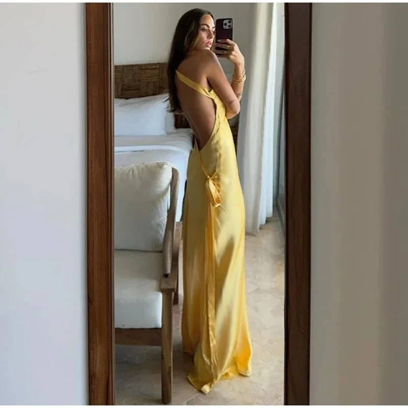 Abito da donna con lacci in raso giallo senza schienale elegante abito lungo senza spalline con spalle scoperte, abito da Club per feste da donna nuova estate