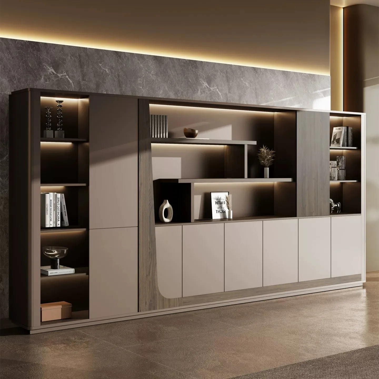 High-end File Cabinet, Office Storage Floor Cabinet, Wall, Simple Modern Boss Table, Matching Background