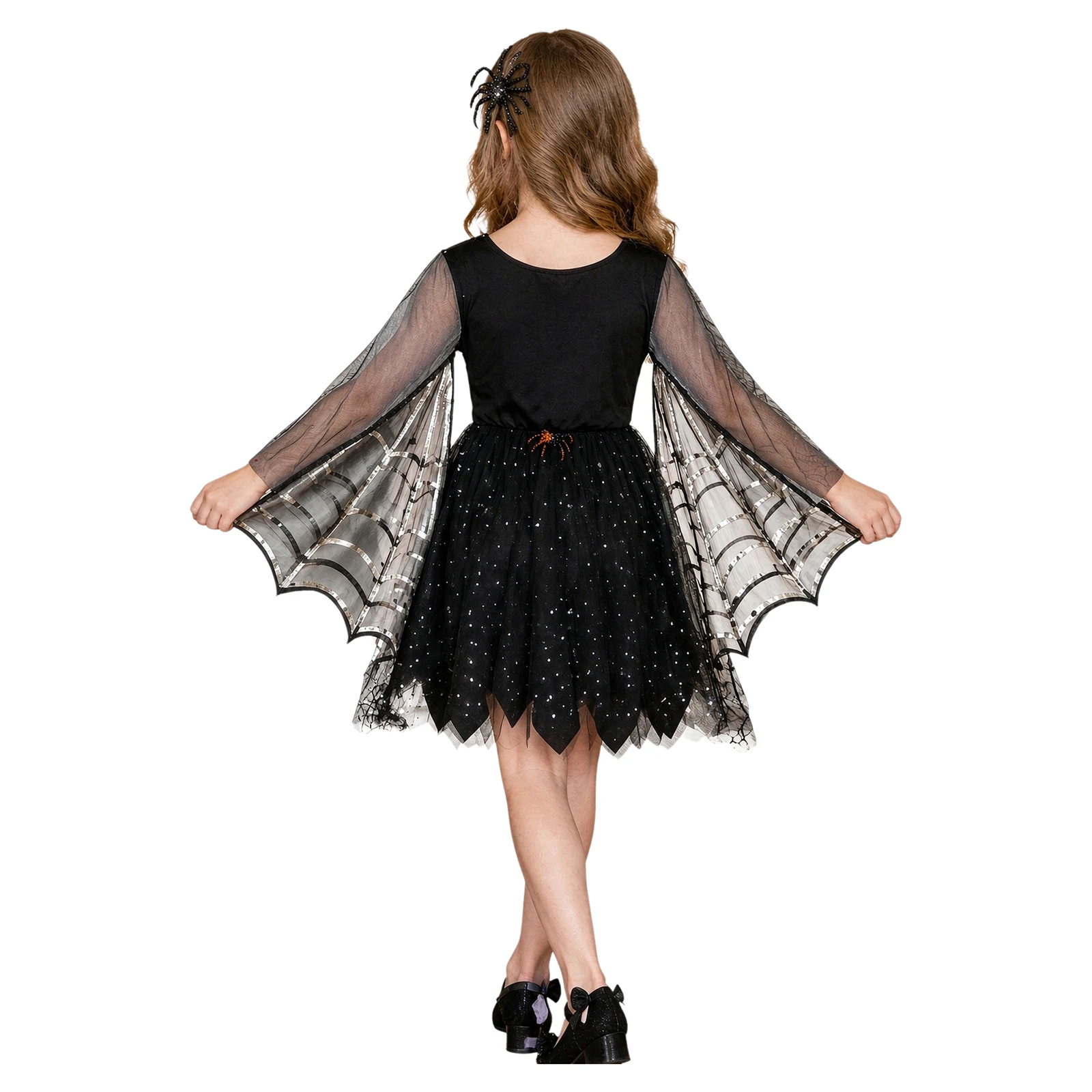 Kids Girls Spider Costume Square Collar Long Sleeve with Metallic Print Tulle Layered Mesh Tulle Skirt Dress for Themed Party