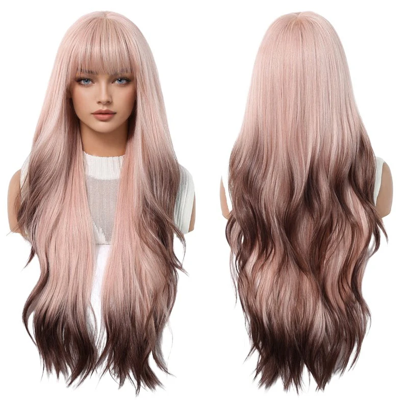 

Ombre Pink Brown 28 Inch Long Wavy Wig with Bangs Natural Looking Heat Resistant Synthetic Wig For Women Daily Cosplay Party Use