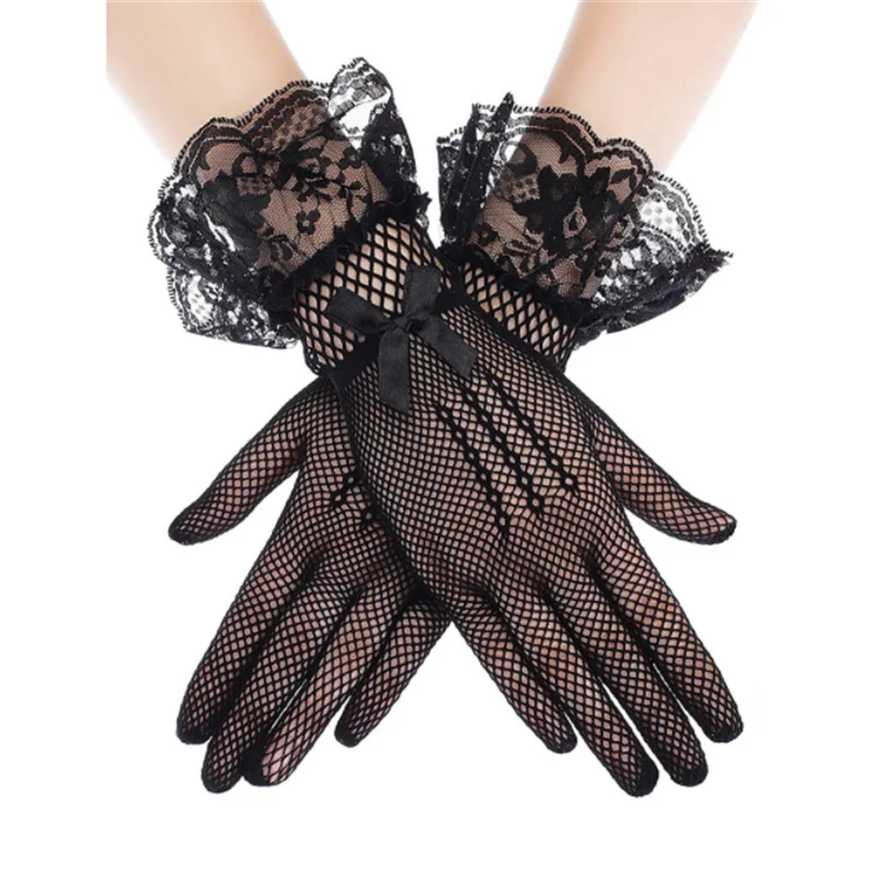 Guantes de malla a prueba de rayos Uv para mujer, manoplas de encaje de dedo completo, moda de verano, blanco y negro