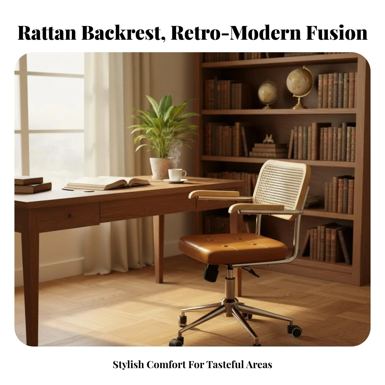 Rattan Rear Rotate Chair Retro Design Wheeled Rattan Task Chair Height Adjustable Effortless Rolling Casters for Executives
