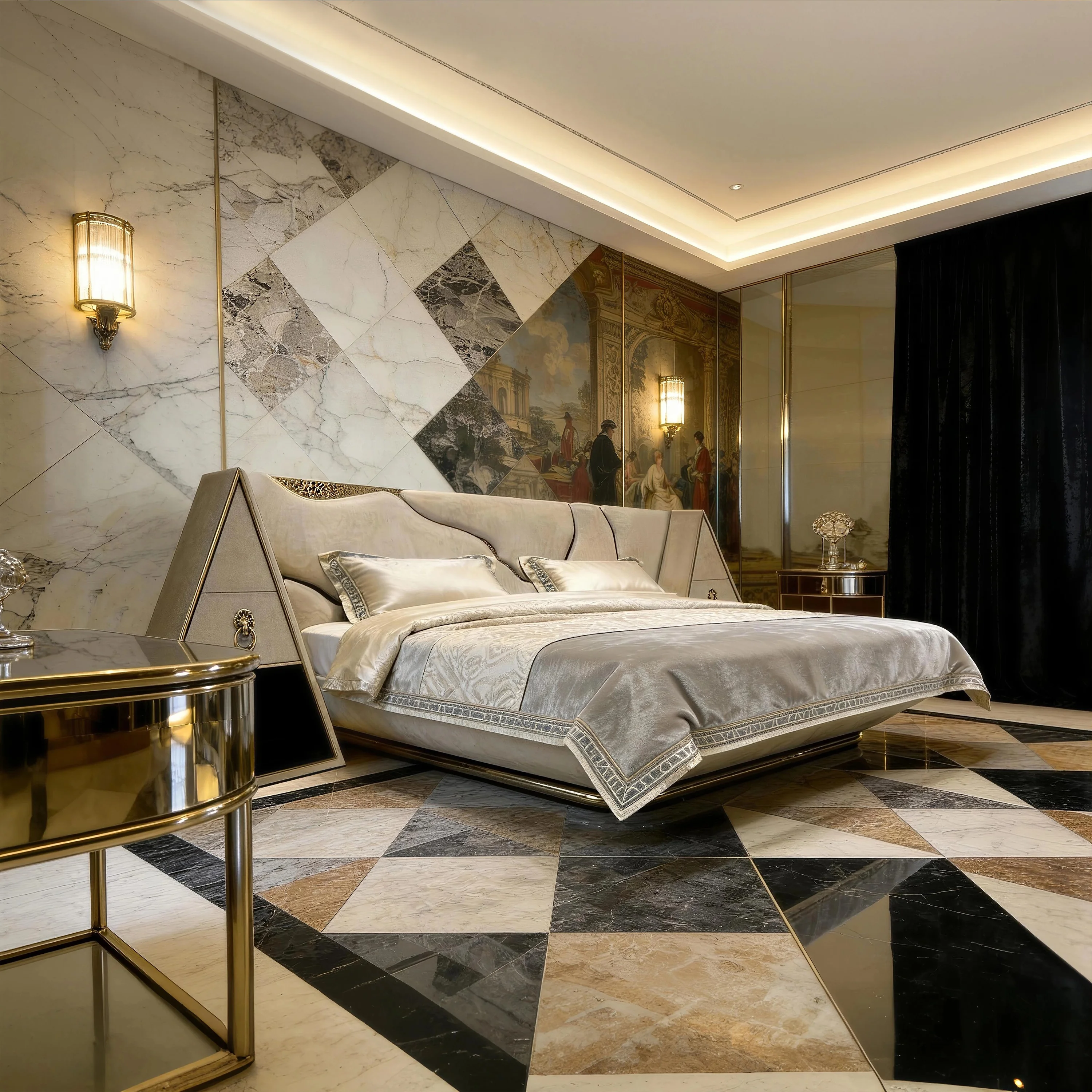 Luxury modern bed, custom made for the master bedroom of the villa. Matte fabric, durable and wear resistant.