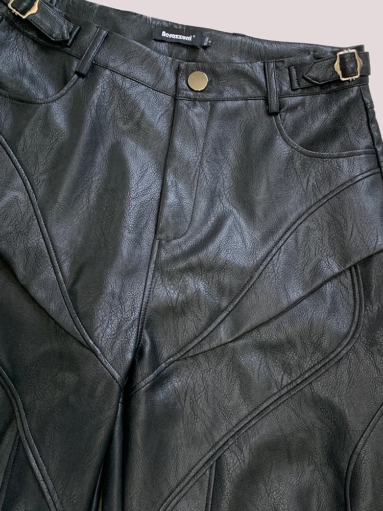 Nerazzurri Summer Autumn Cool Handsome Black Faux Leather Shorts for Men with High Waist Knee Length Wide Leg Pants Clothes 2025