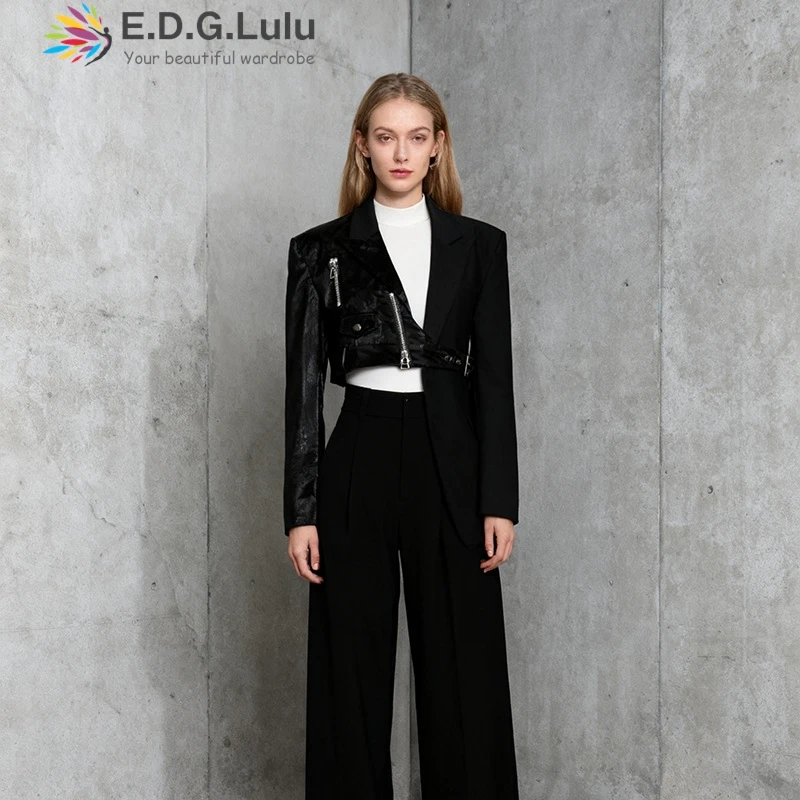 

EDGLuLu 2025 новый модный женский мотоциклетный стиль с нерегулярным подолом, облегающий пояс, черный костюм с завязками, куртка 1029