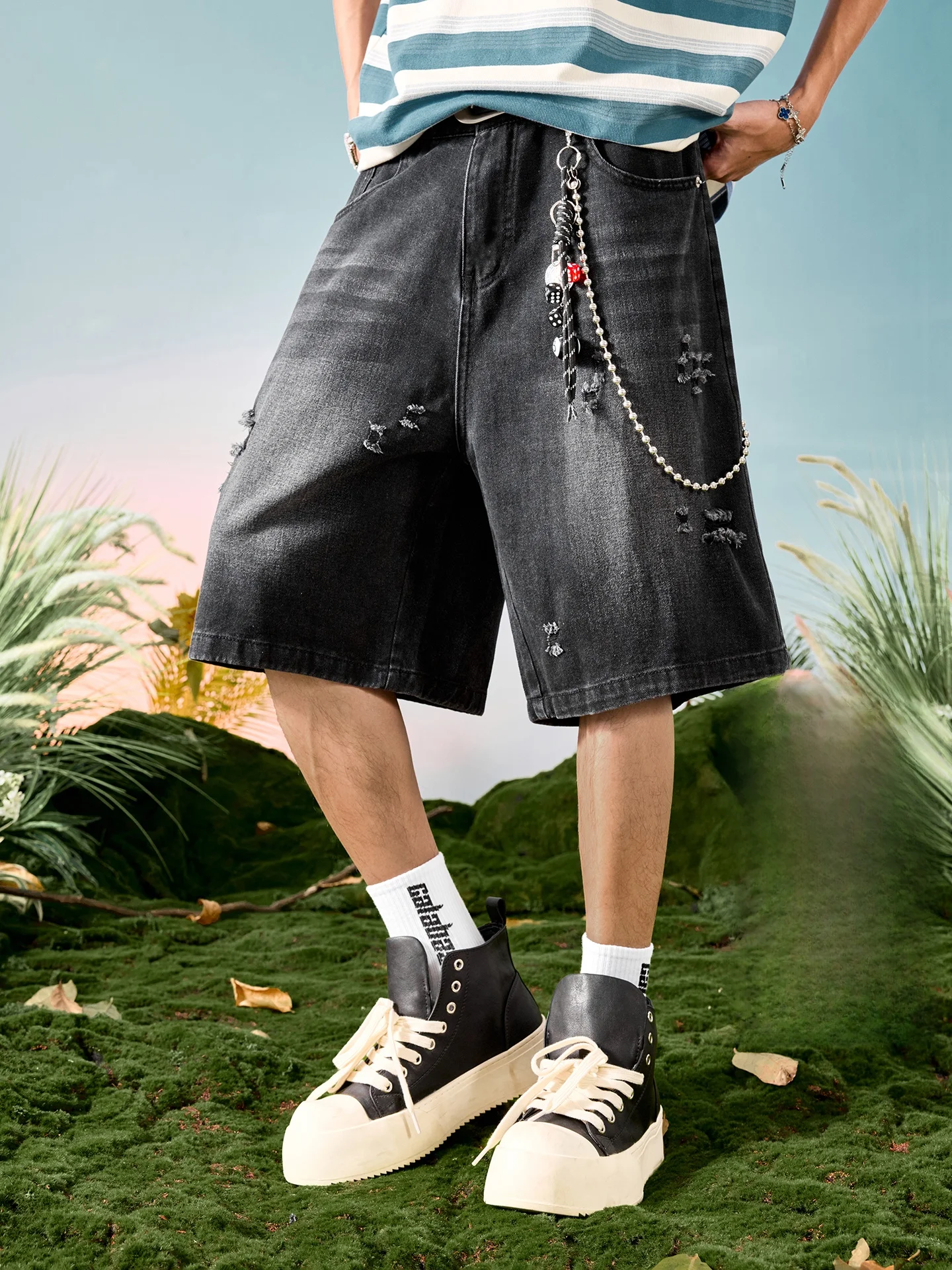 

Мужские летние шорты Nuthink в американском ретро-стиле, джинсовые, с дырками, прямые, тонкие, до колена, новые, модные, повседневные, из смесового хлопка и полиэстера