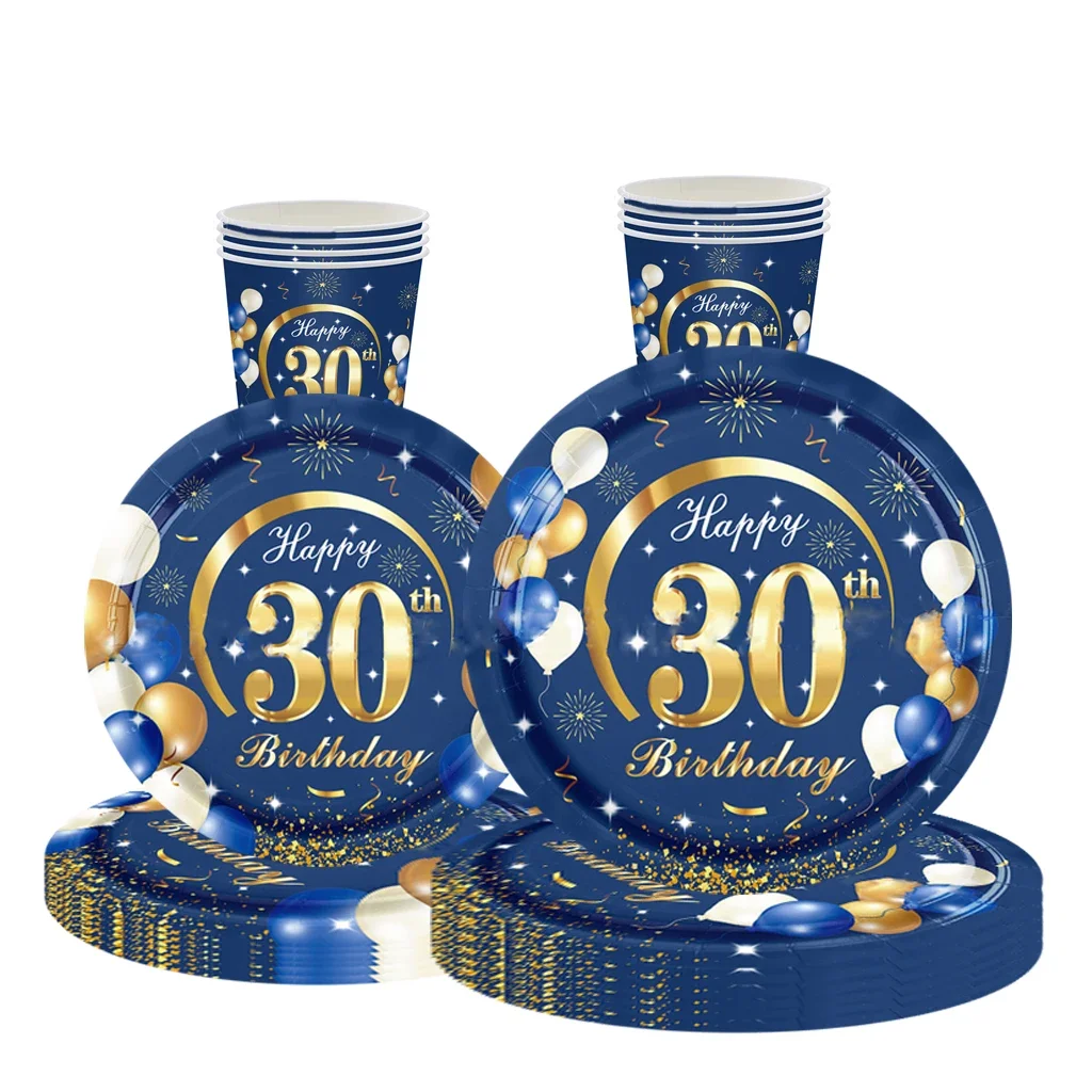 8Guests Golden 30 Years Old Disposable Tableware Blue Balloon Firework Paper Plates Napkin Happy 30th Birthday Party Supplies