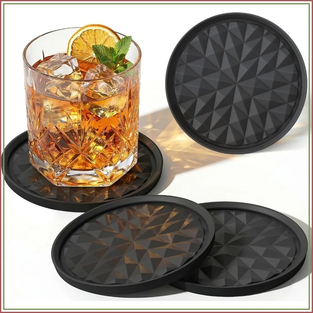 Silicone Coasters Set of 4, Absorbent & Non-Slip, Diamond Pattern, Easy Clean, for Desk & Home