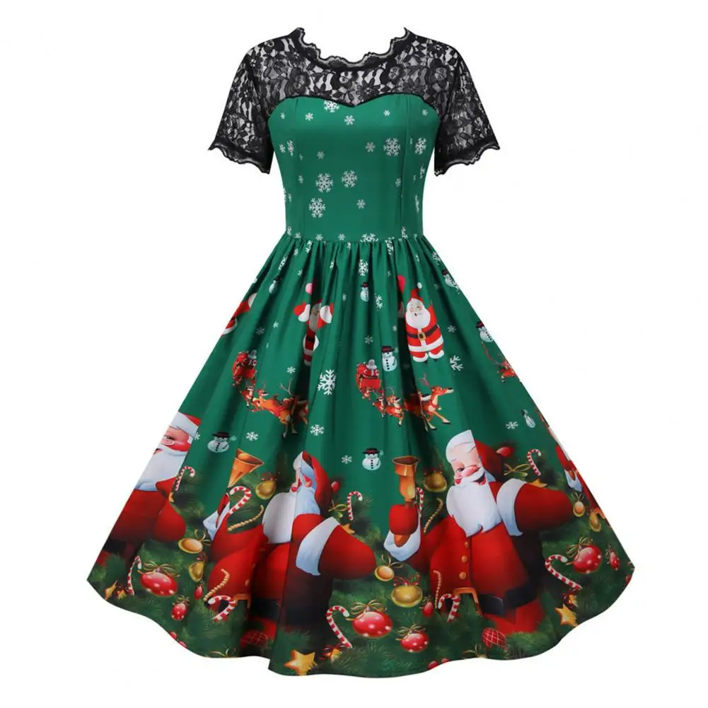 Women Christmas Dress Cartoon Santa Print A-line Big Swing Holiday Party Dress See-through Lace Patchwork Pleated Party Dress