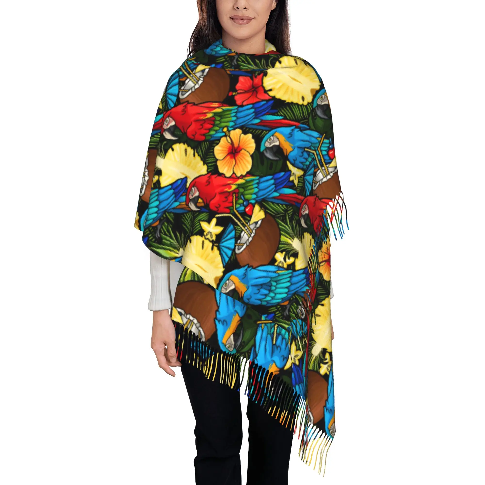 Custom Female Long Tropical Macaw Fruit Floral  Scarves Women Winter Fall Soft Warm Tassel Shawl Wraps  Scarf