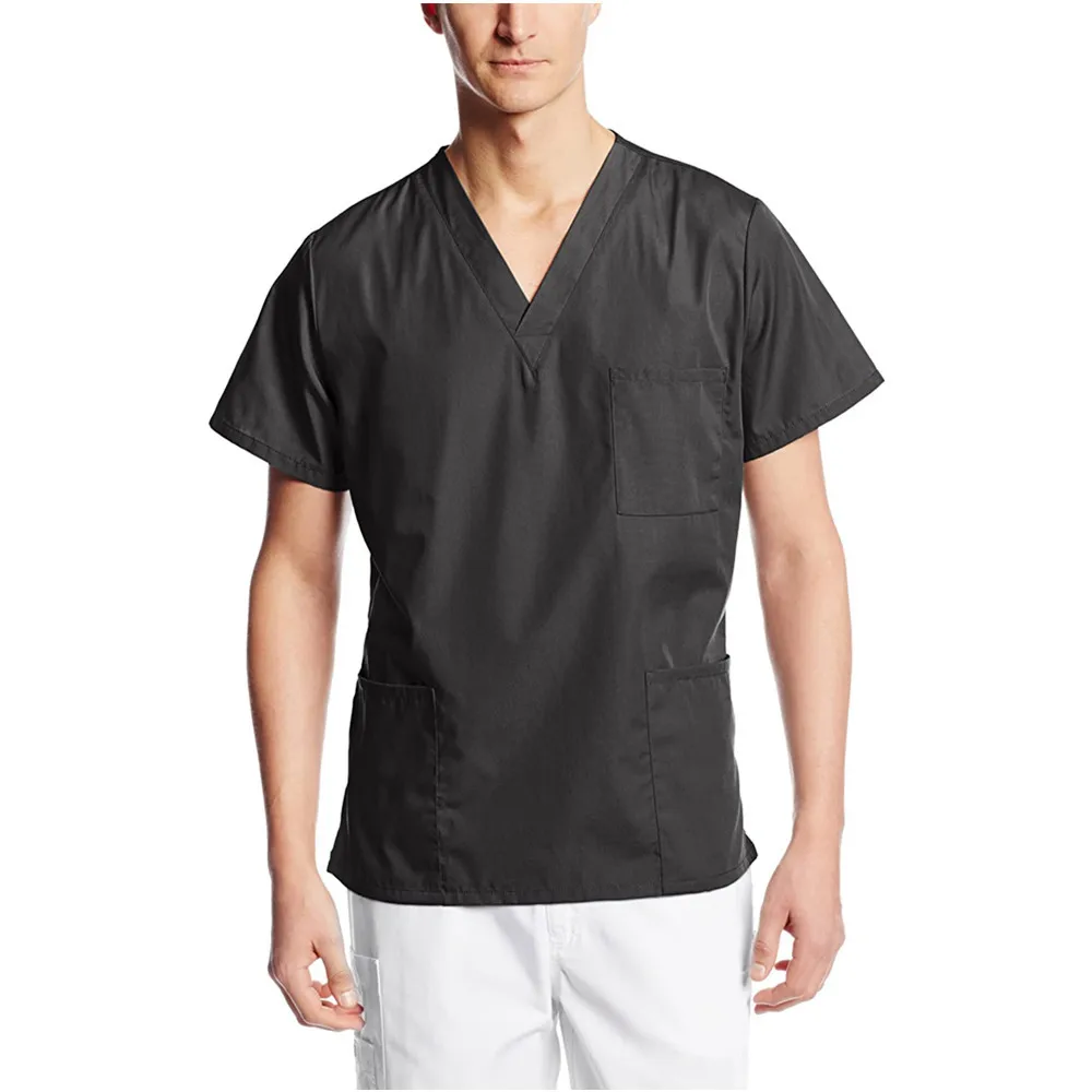 2024 Spring/Summer New Men's Surgical Suit Cotton Short Sleeved V-neck Multi Pocket Solid Color Doctor T-shirt