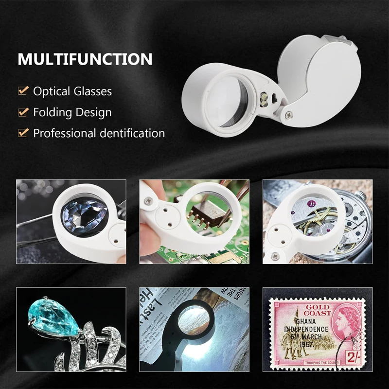 40-fache Taschenlupe mit Licht, Juwelier-Lupe, faltbar, für Uhren, Münzen, Briefmarken, Edelsteine, Lesen, Identifizieren von Diamanten – Detail 10