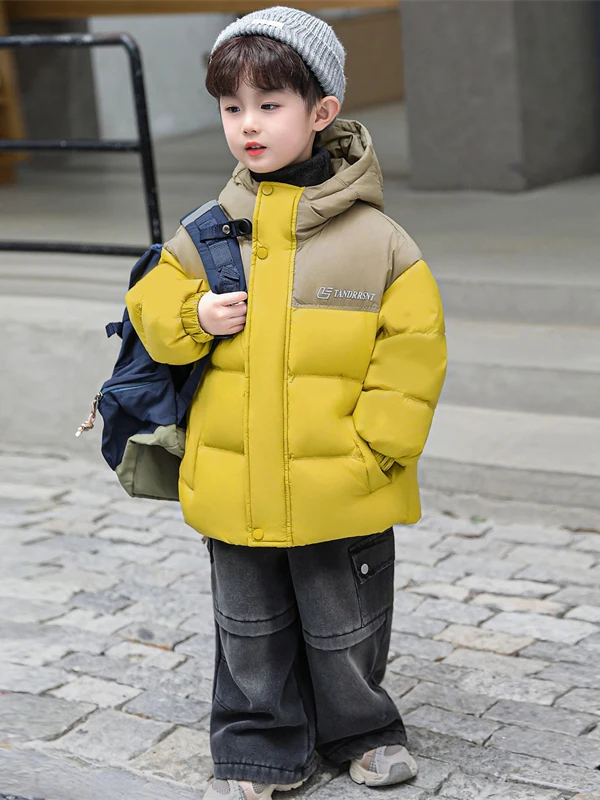 

Boys Thiened Cotton Jaet Blue And Yellow Hooded Mid-Length Winter Coat Trendy Teenage Warm Polyester Lined Long Sve Zi...