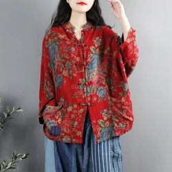 2025 chinese vintage national style cheongsam button shirt women long sleeve printed cotton linen printed retro jacket blouse