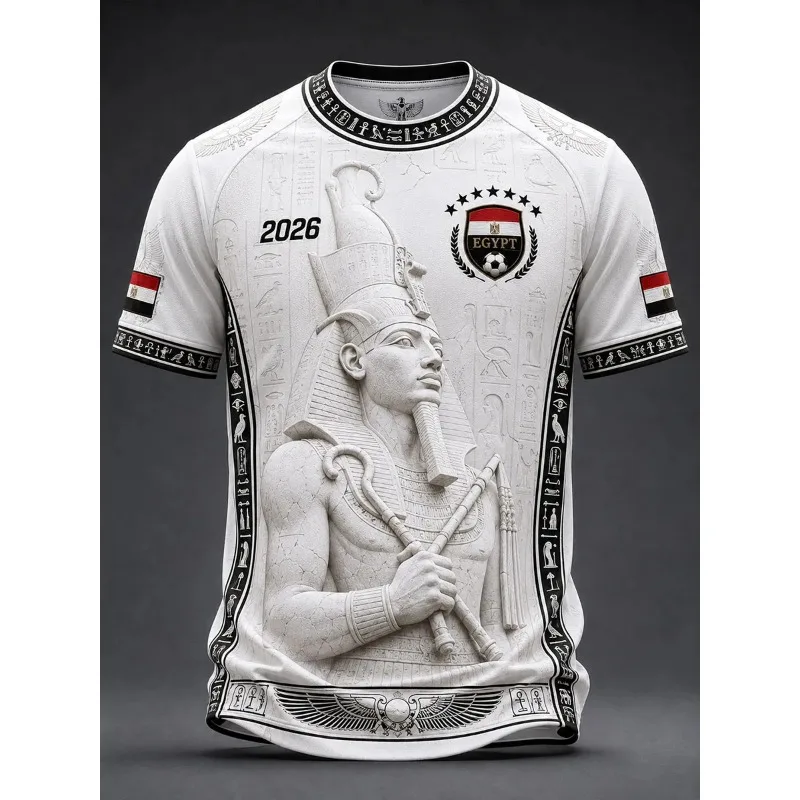 2026 Egypt National Team Football Jersey, 3D Printed Soccer Shirt,  T-Shirt Adorned with Egyptian Hieroglyphs and Wing Patterns