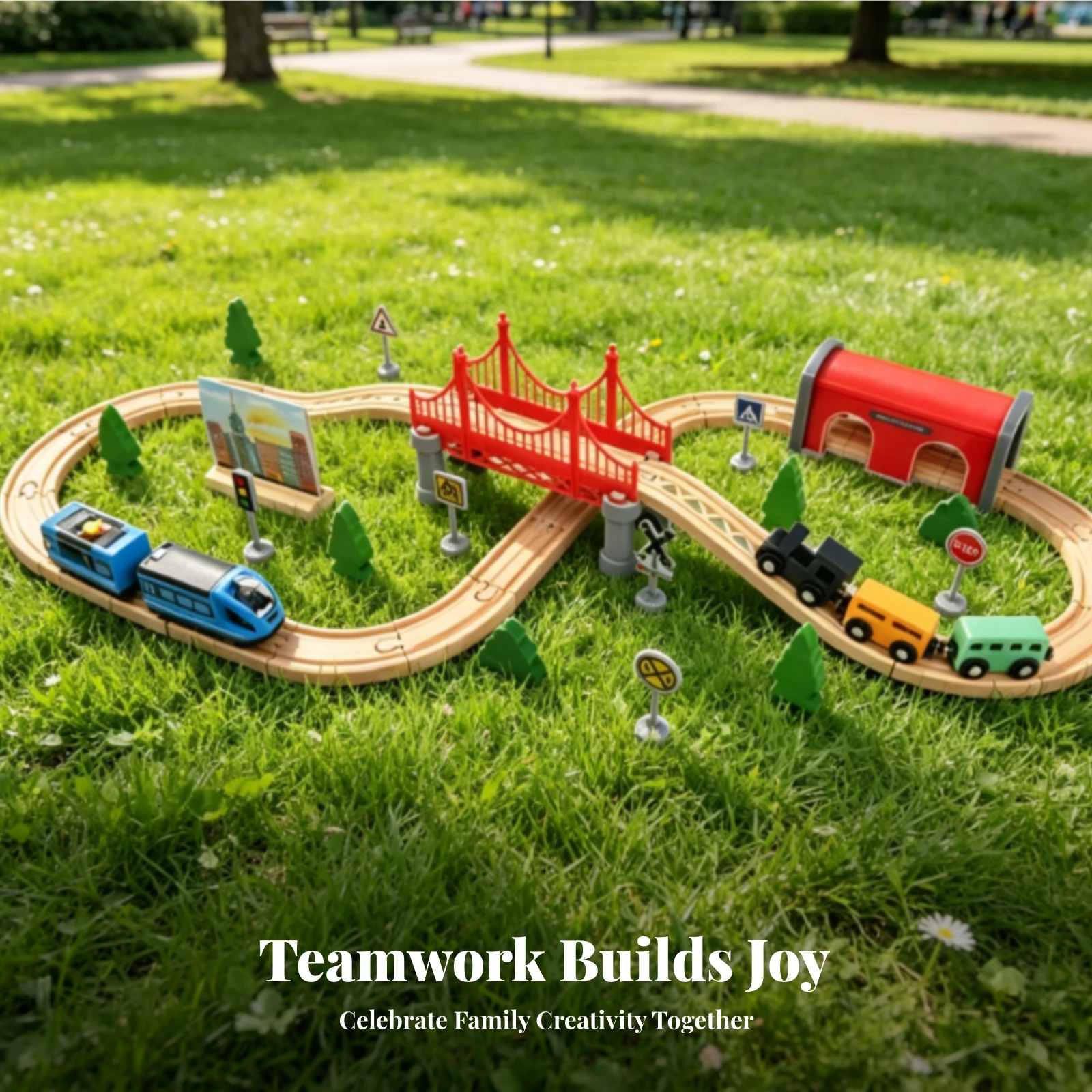 Easy to Connect Interlocking Track Set Miniature Railway Scene Kids Toy Red Bridge