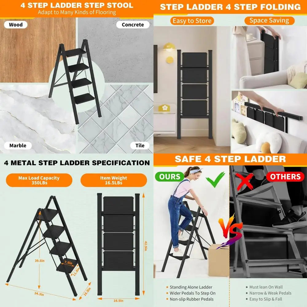 

4 Step Ladder olding Step Stool, Stable Step Ladder with Wide Pedals & Non-Slip Rubber eet, Portable & Space Saving Step Ladder