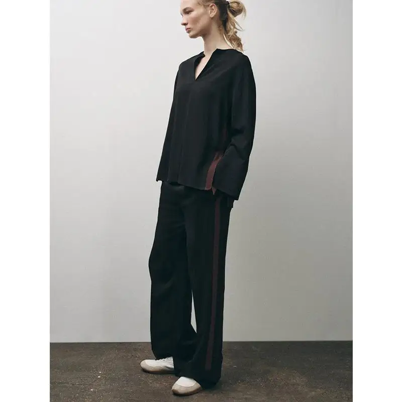 Solto longo sve v-ne briti sle irt feminino primavera nova listra lateral decorado topo fibra de poliéster 00% cor pura