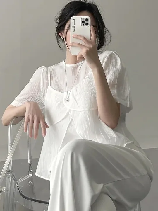 

Fashionable Short Sleeve Split Design Shirt Beautiful Women's Korean Style Straight Cut Two Piece Set Summer Outfit Top