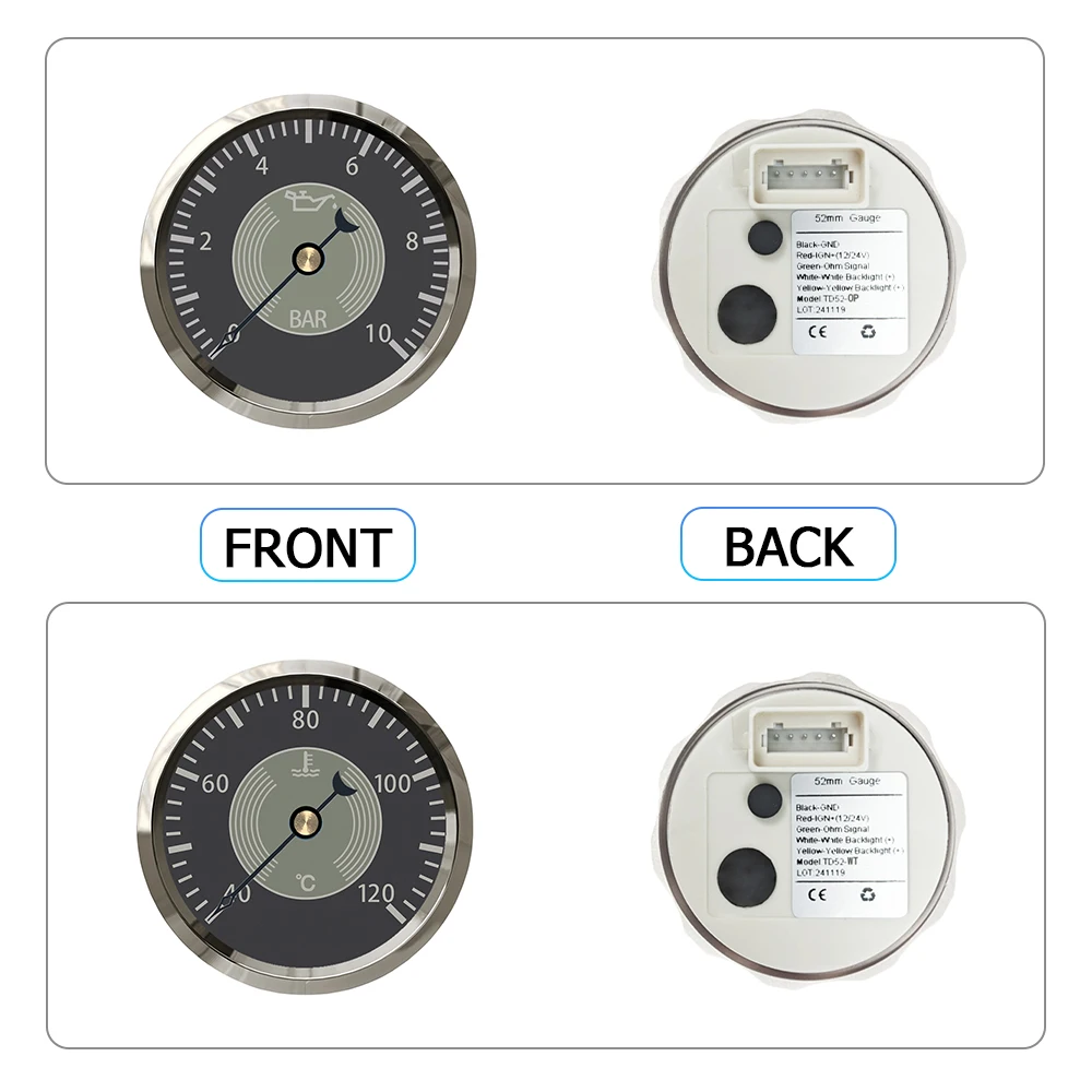 ELING 52 مللي متر (2 بوصة) مستوى الوقود درجة حرارة الماء 0-10Bar ضغط الزيت 8-16 فولت الفولتميتر للسيارات مع إضاءة خلفية حمراء صفراء 12 فولت