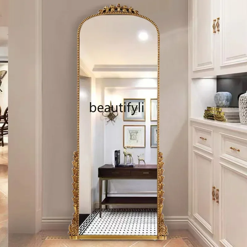 

French retro carved full-body mirror fitting, European arched home wall hanging, floor mirror with bracket