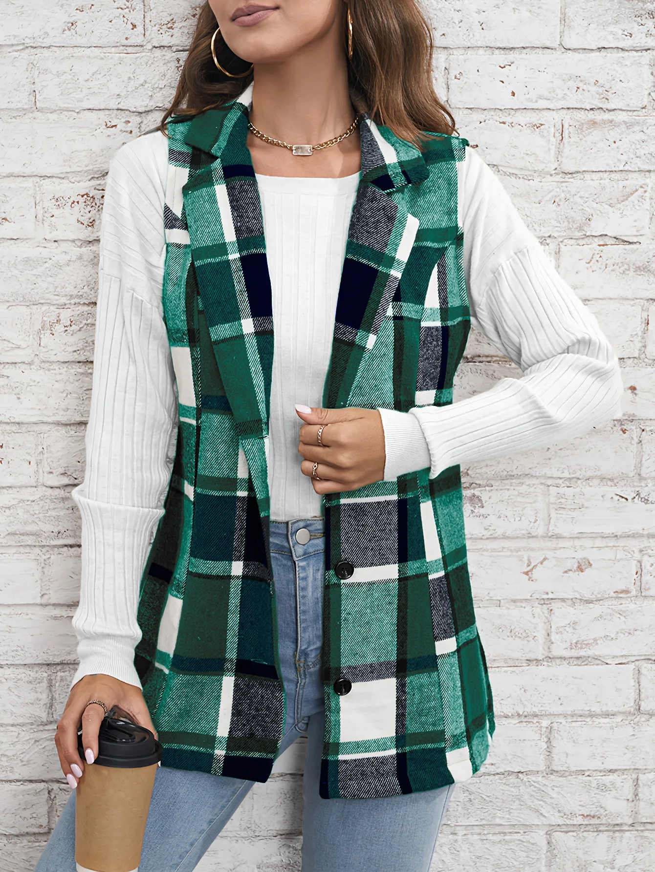 European and American women\'s fashionable and elegant diagonal plaid flip collar button vest