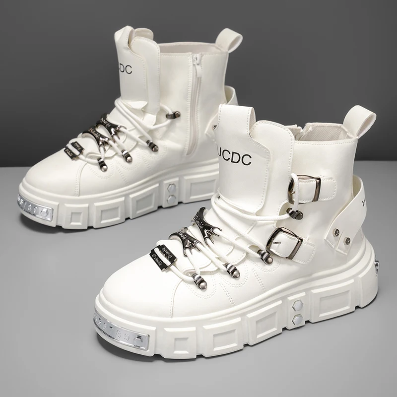 White High-Top Men's  Boots Punk Style Motorcycle Boots Thick Bottom Rivet Short Boots Autumn Winter New Large Size