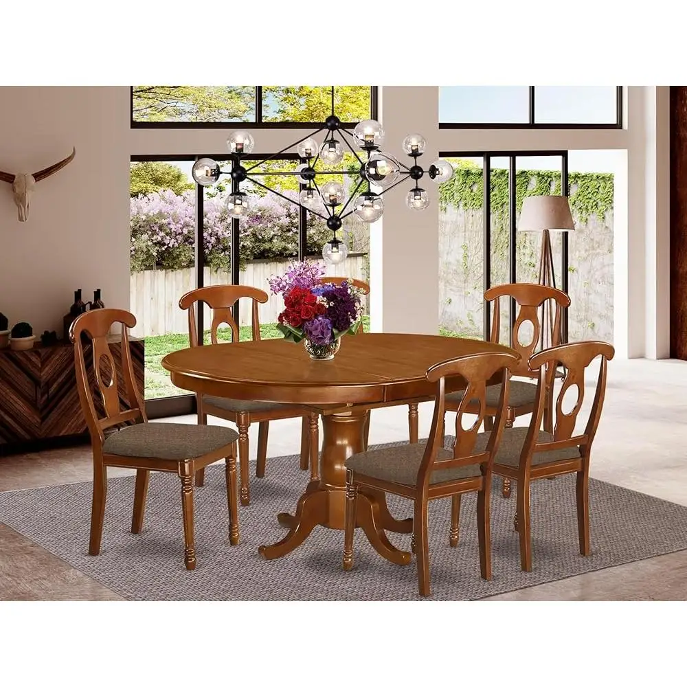 7 Piece Dining Table Set Oval Wooden Table Butterfly Leaf 6 Linen Chairs Comfortable Kitchen Furniture