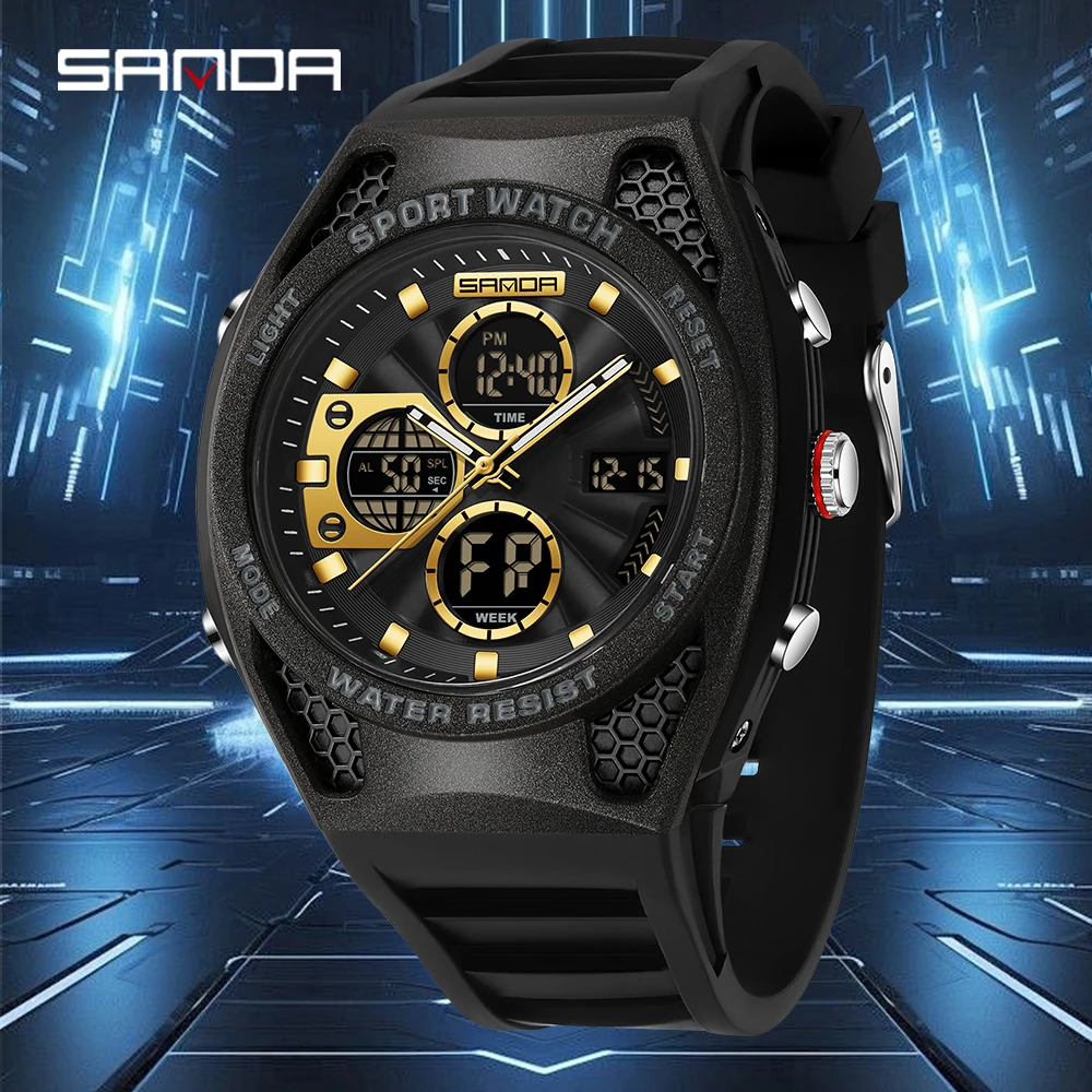 

Sanda 3384, роскошные мужские спортивные электронные часы с двойным дисплеем, водонепроницаемые многофункциональные военные кварцевые часы с таймером