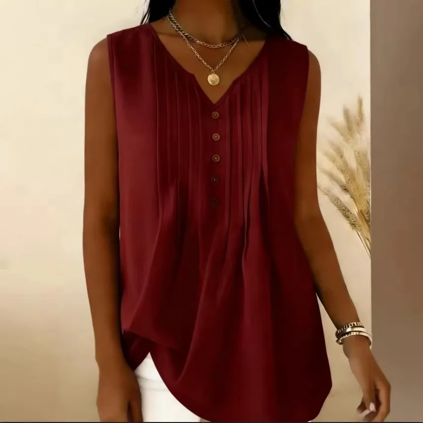 Casual V Neck Top Loose Fit with Single Row Multi Button Closure Slight Stretch Midi Length Bohemian Summer Tank Top for Women
