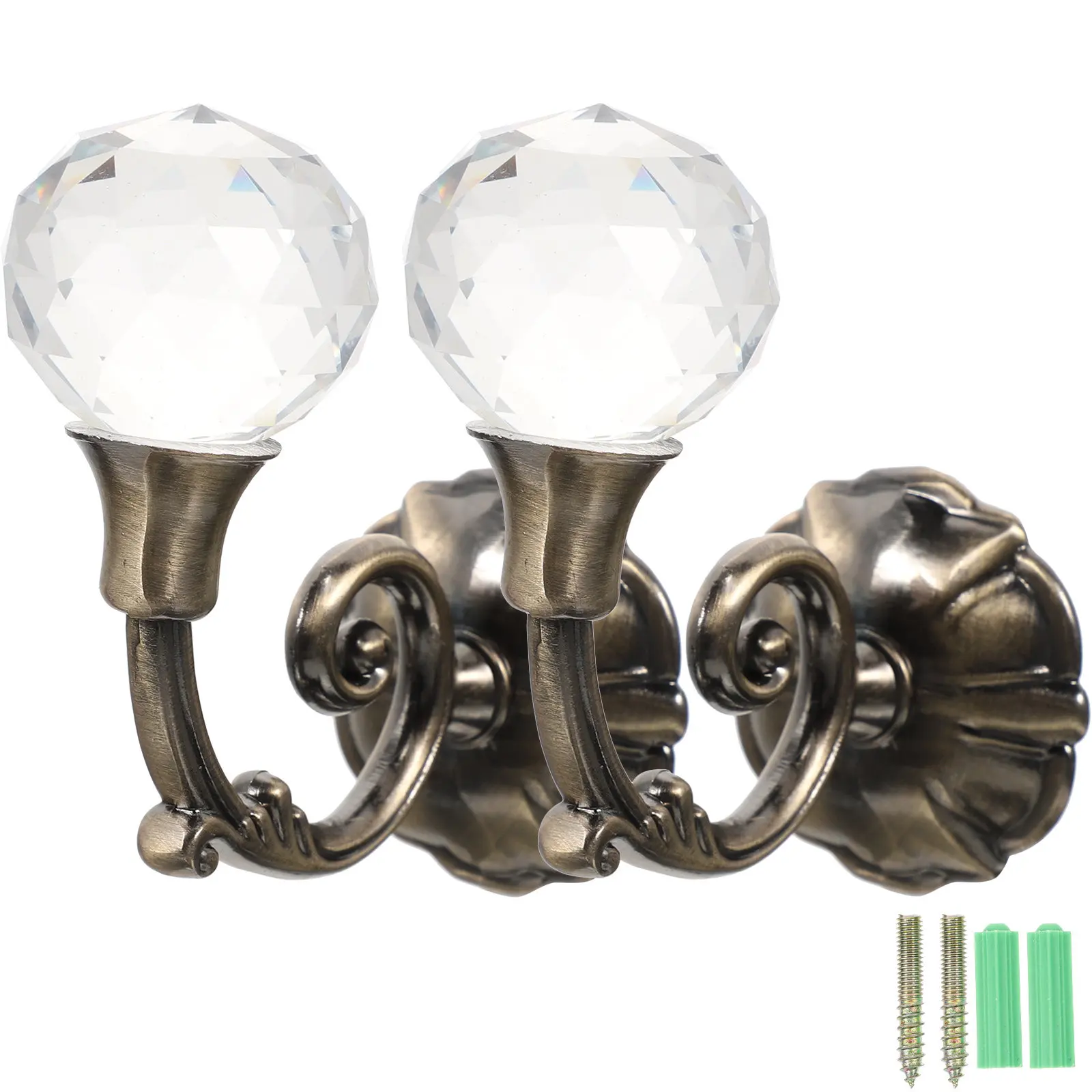 Brass Vintage Crystal Ball Curtain Hooks Pair Premium Drapery Holdbacks for Living Room Bedroom Office Decor Traditional