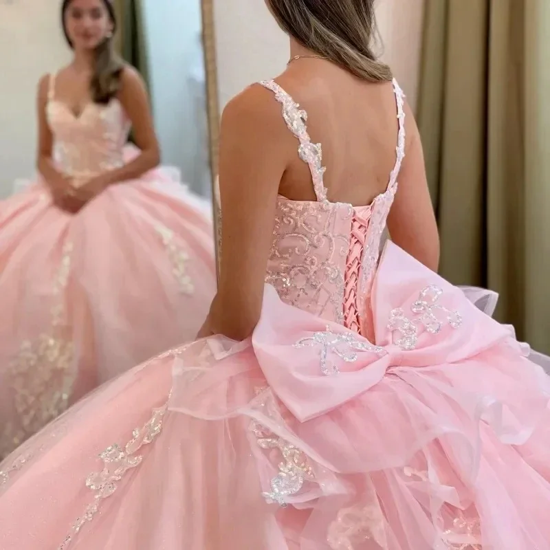 Pink Spaghetti Strap Princess Quinceanera abiti Ball Gown Appliques fiori 3D Sweet 16th Princess Party Vestidos De 15 Anos