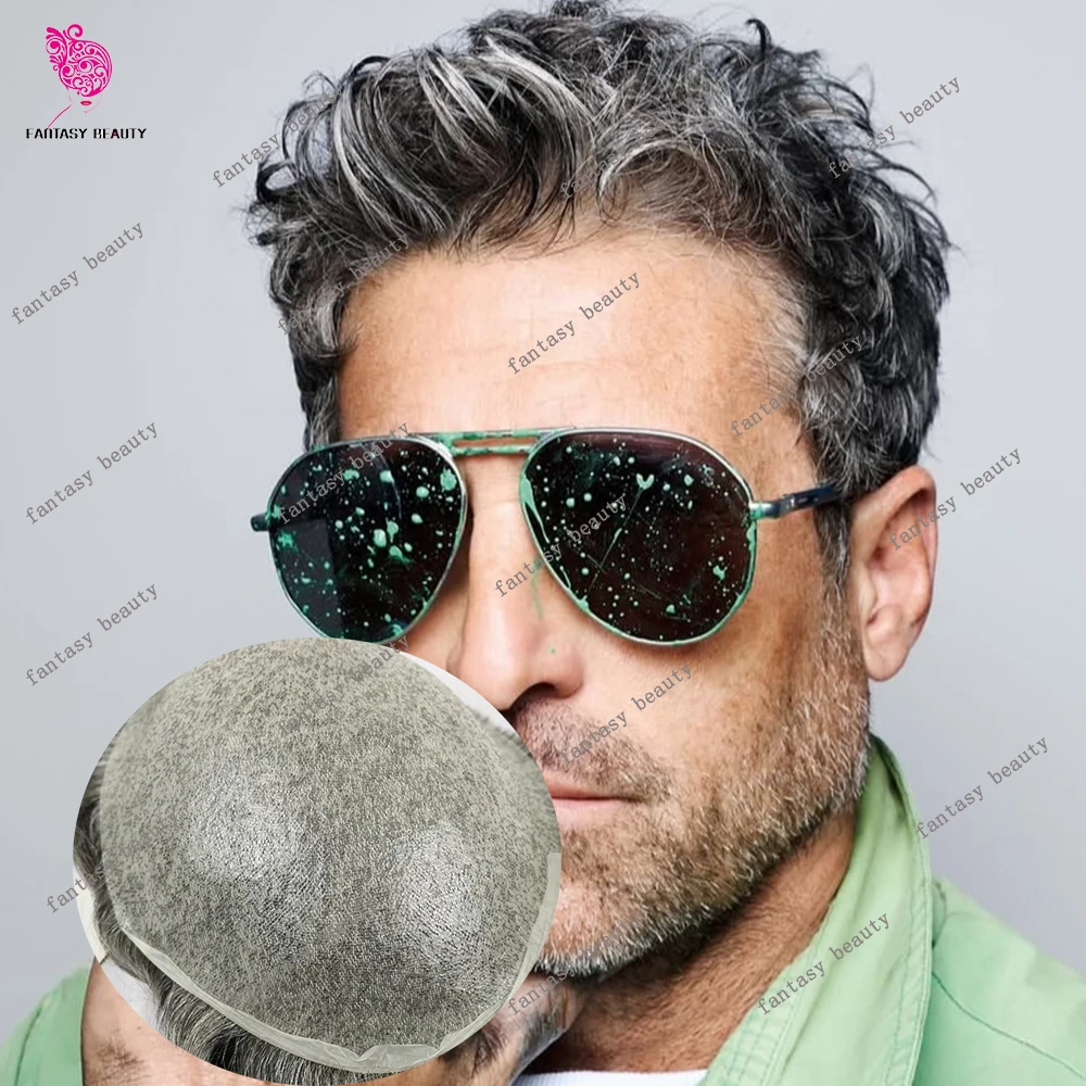 80Density Grey Black #230 1B80# Old Man Hair Real 0.02mm Super Ultra Thin Skin Lightweight Human Hair Toupee Prosthesis Capillar