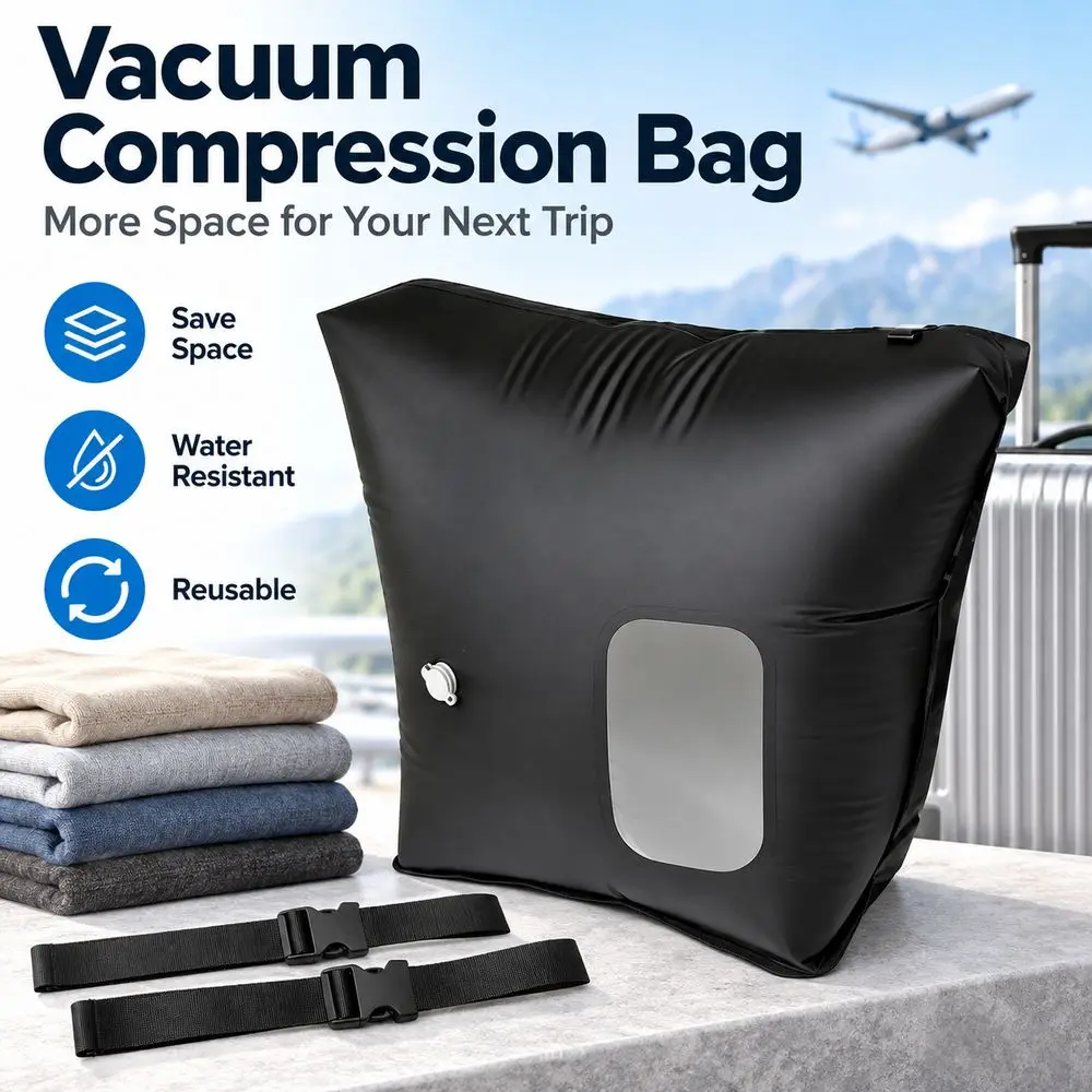 Black Vacuum Compression Storage Bag Reinforced Straps Space Saving Compression Storage Bag for Clear Viewing Window