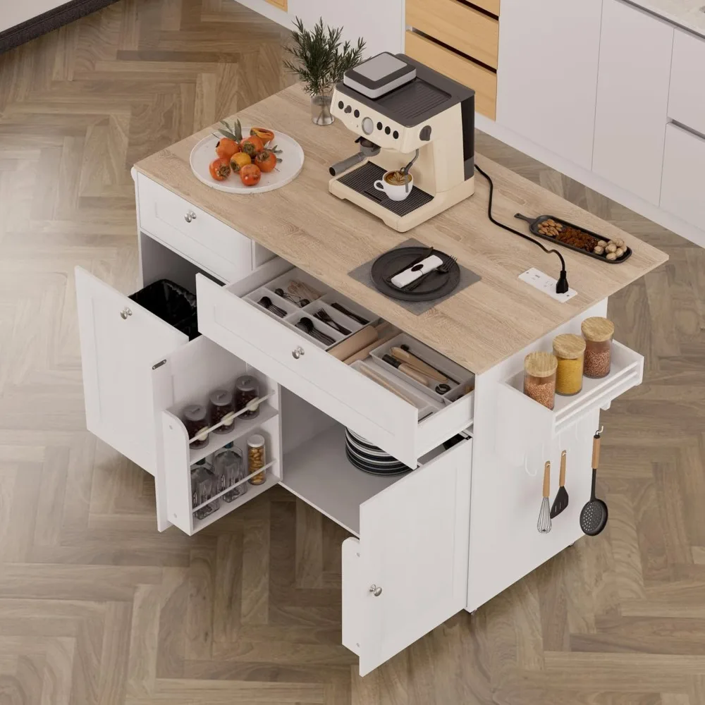

Kitchen Island on Wheels with Storage and Power Outlet, Kitchen Island with Trash Can Storage Cabinet and Drop Leaf, with Spice