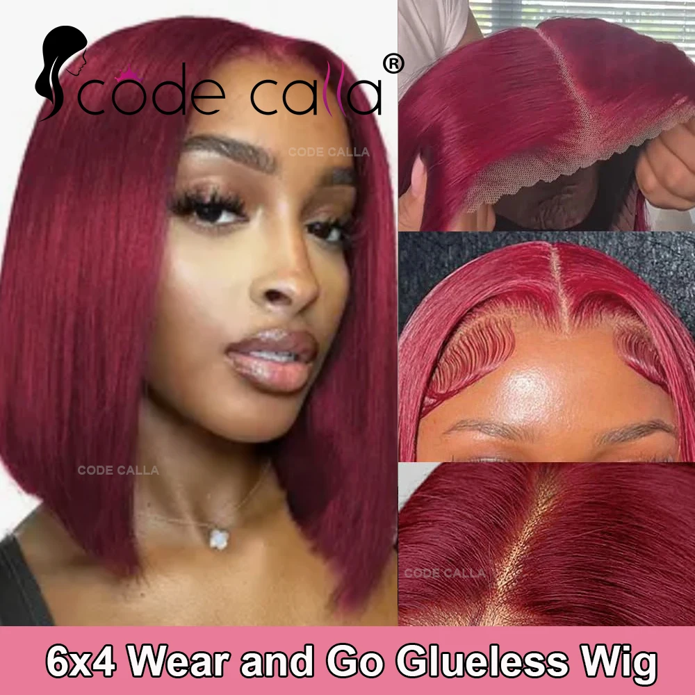 

99J Burgundy Bob Wig Wear And Go Glueless Wigs 6X4 Lace Closure Wigs For Black Women Brazilian Human Hair Highlighted Color 180%