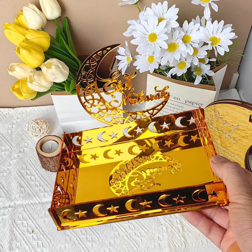 Table Centerpieces Plate Acrylic Eid Mubarak Food Tray Rectangular Crescent Ramadan Tray Mirror Gold Snack Box Gift