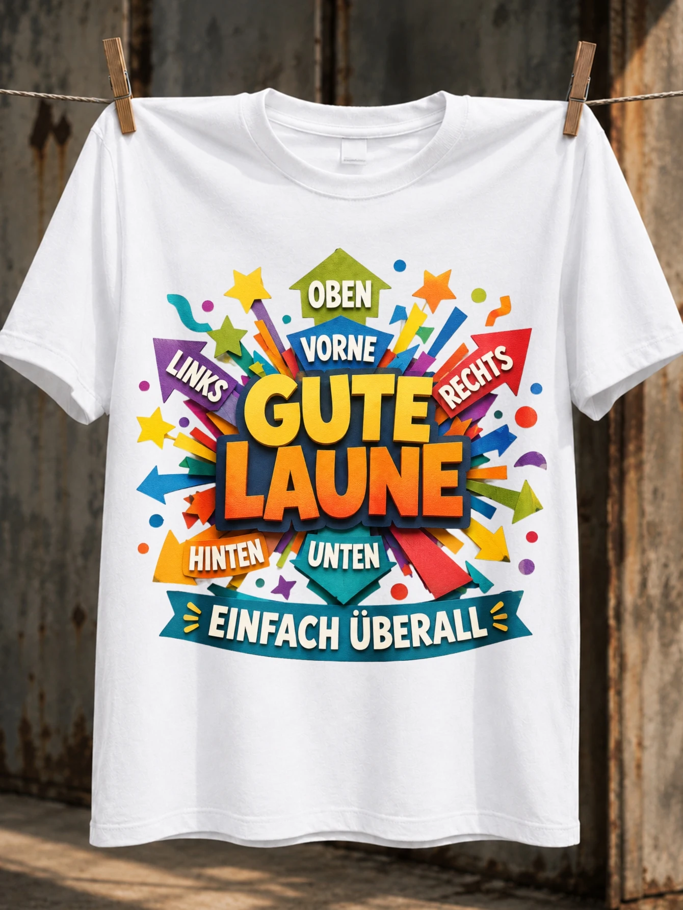 Gute Laune Stacked Direction Signs Splash Colors Oben Vorne Rechts Links Hinten Unten German Happy  Unisex All T-Shirt
