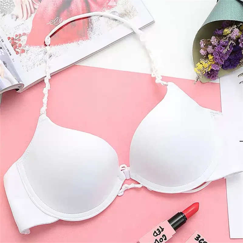 Fashion Solid Color Bra V-neck Smooth Comfortable Gathering Bra Push Up Lingerie Adjustable Women\'s Underwear Front Button Top