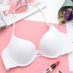 Fashion Solid Color Bra V-neck Smooth Comfortable Gathering Bra Push Up Lingerie Adjustable Women's Underwear Front Button Top