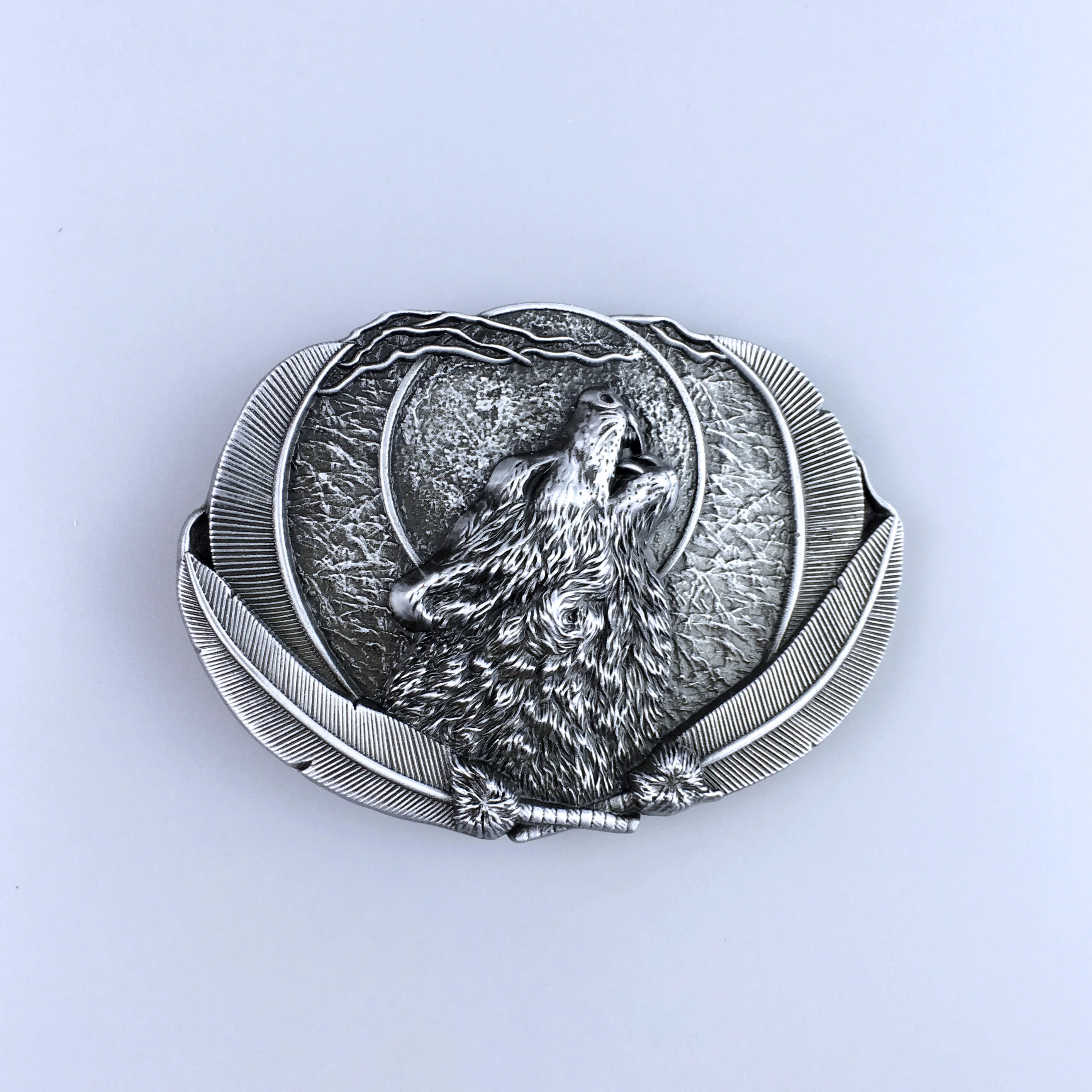 Antique Brushed Silver Western Wolf Moon Oval Belt Buckle Hebilla BUCKLE-WT111AS