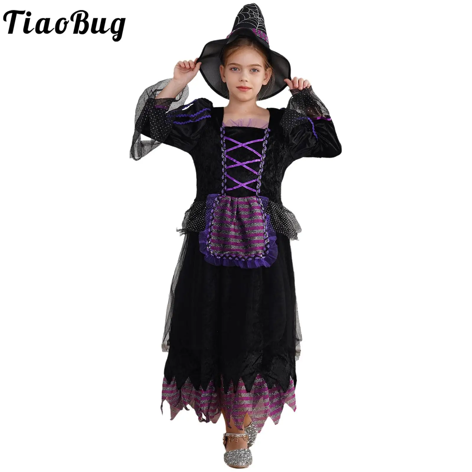 Kids Girls Witch Cosplay Costume Halloween Carnival Themed Party Dress Up Long Sleeve Sequins Stripes Print Dress with Witch Hat